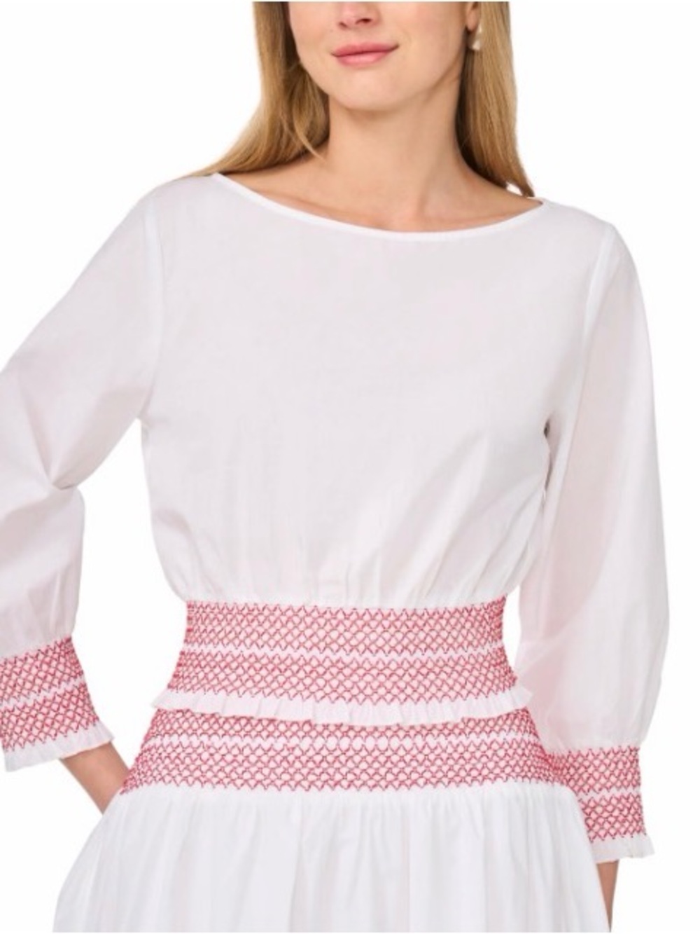 1. State White Top with Pink Smocked Waist & Cuffs